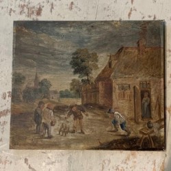 C19th Flemish Oil on Canvas Village Games