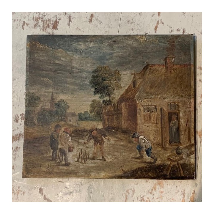 C19th Flemish Oil on Canvas Village Games