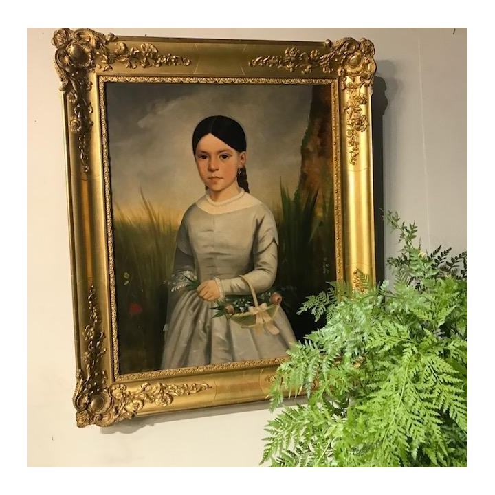 C19th French Oil Painting Young Girl with Flowers