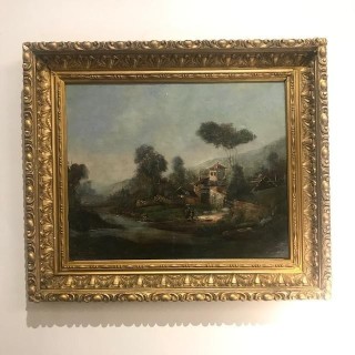 C19th Rural River Scene Oil