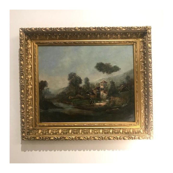 C19th Rural River Scene Oil