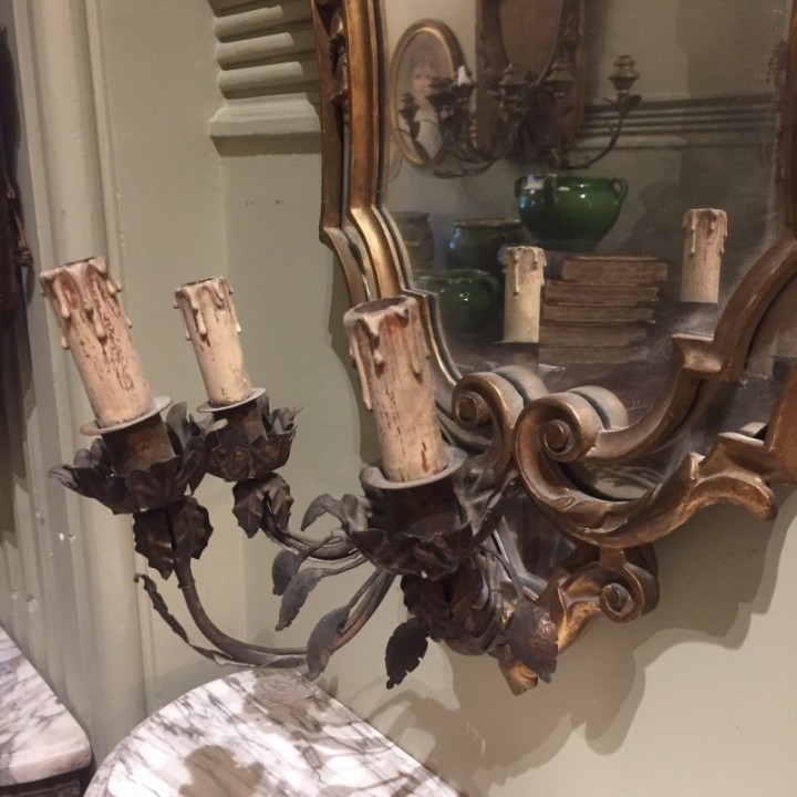 Pair of Antique French Wall Sconce Girandolles with ornate Cartouche Mirrors