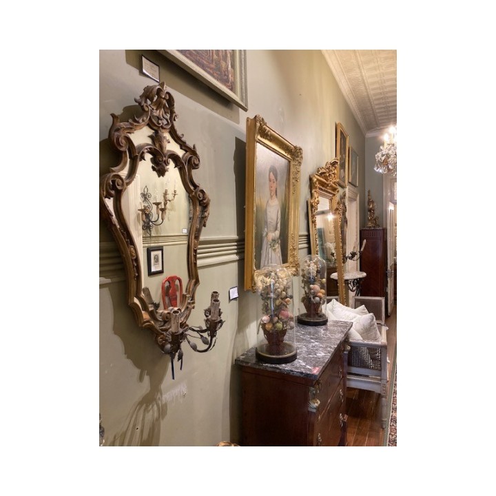 Pair of Antique French Wall Sconce Girandolles with ornate Cartouche Mirrors