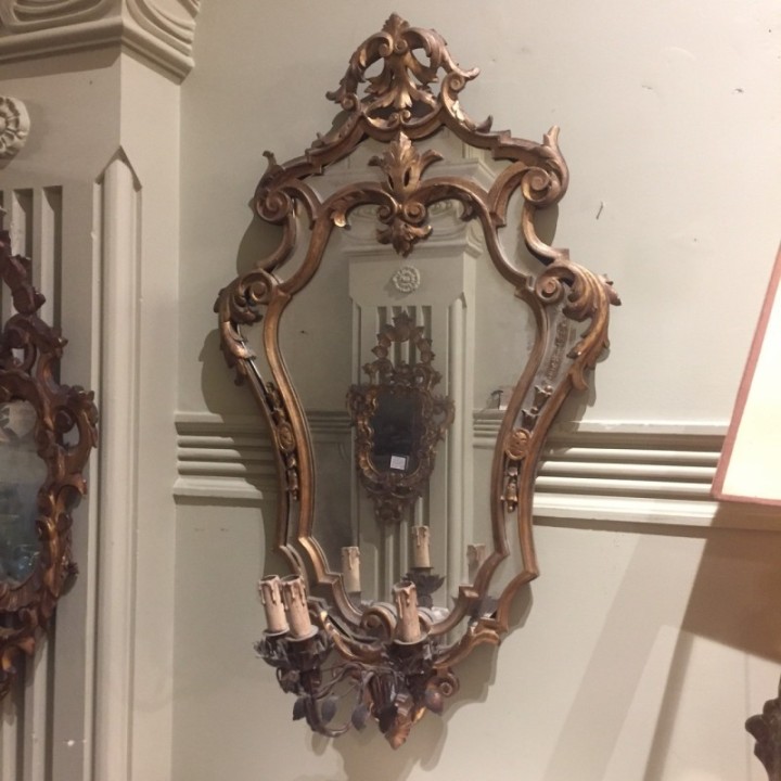 Pair of Antique French Wall Sconce Girandolles with ornate Cartouche Mirrors