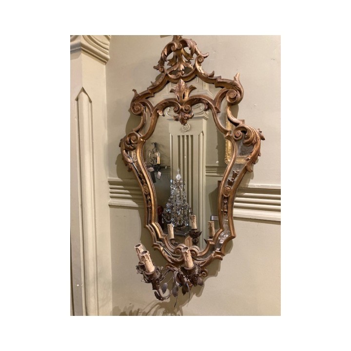 Pair of Antique French Wall Sconce Girandolles with ornate Cartouche Mirrors
