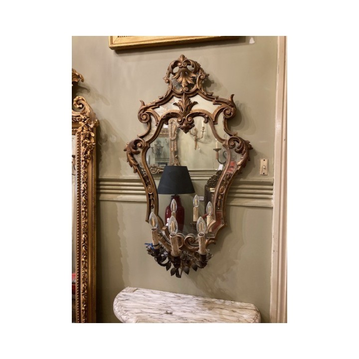 Pair of Antique French Wall Sconce Girandolles with ornate Cartouche Mirrors