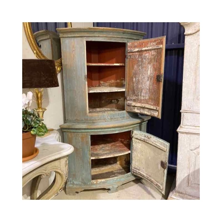 C18th Swedish Original Blue Patina  Corner Cabinet