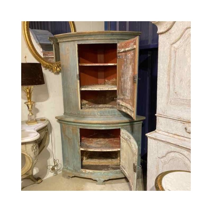 C18th Swedish Original Blue Patina  Corner Cabinet