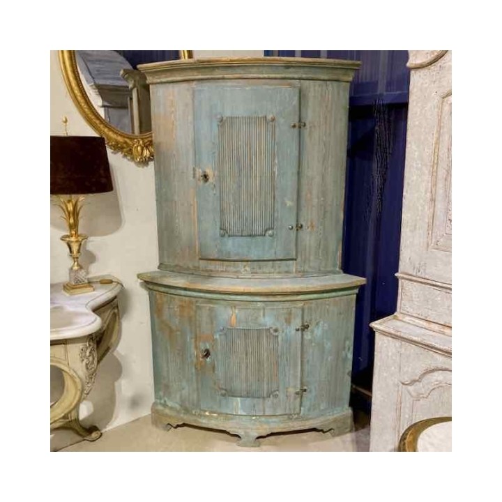 C18th Swedish Original Blue Patina  Corner Cabinet
