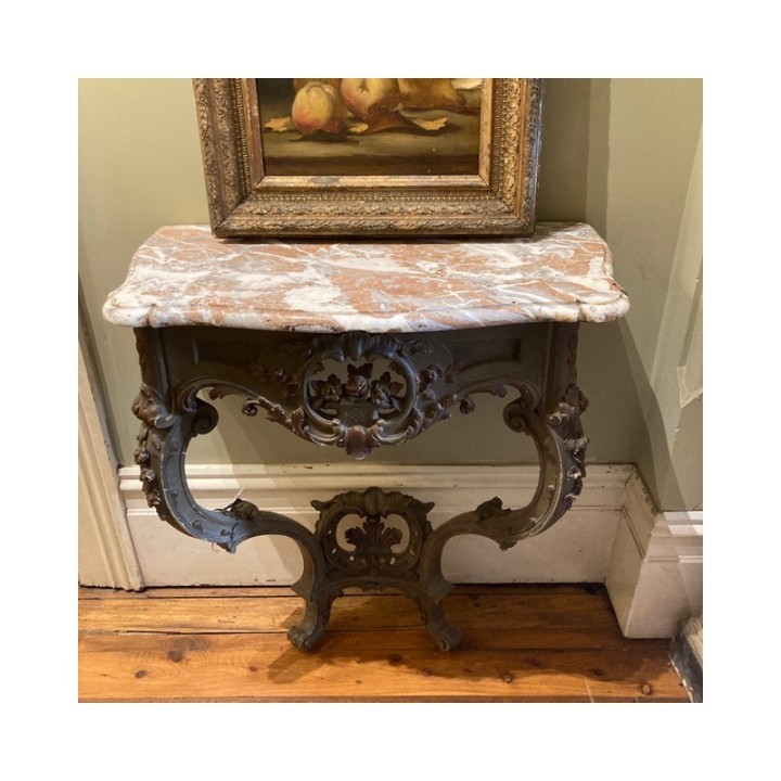 C1900 Console Louis XV Style Painted Finish Green/Grey and bronze Gold highlights