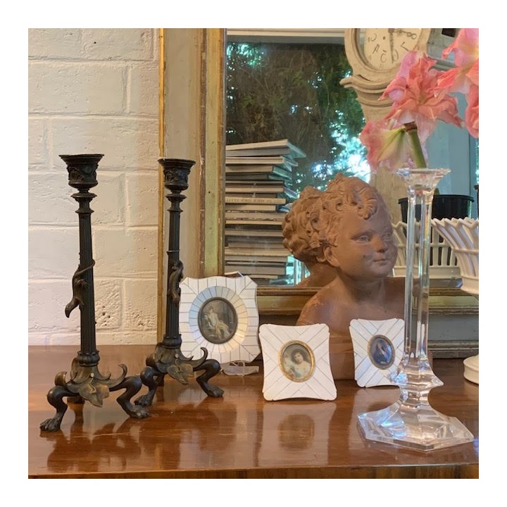 C19th Napoleon III Barbeidienne Pair of Bronze Candle Holders