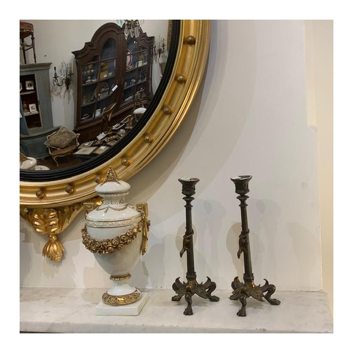 C19th Napoleon III Barbeidienne Pair of Bronze Candle Holders