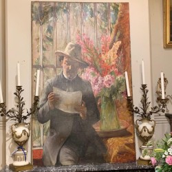 C1920 French oil on Canvas Gentleman and Bouquet of Flowers