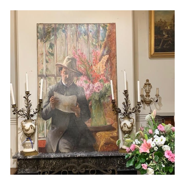 C1920 French oil on Canvas Gentleman and Bouquet of Flowers