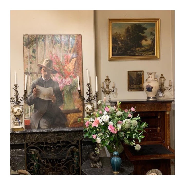 C1920 French oil on Canvas Gentleman and Bouquet of Flowers