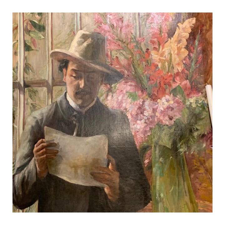 C1920 French oil on Canvas Gentleman and Bouquet of Flowers