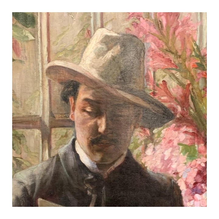 C1920 French oil on Canvas Gentleman and Bouquet of Flowers
