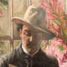 C1920 French oil on Canvas Gentleman and Bouquet of Flowers