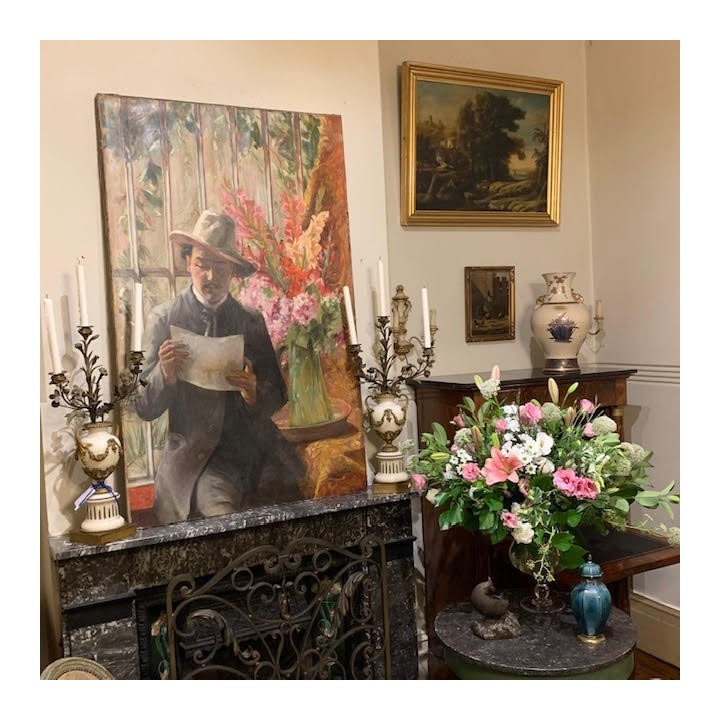 C1920 French oil on Canvas Gentleman and Bouquet of Flowers