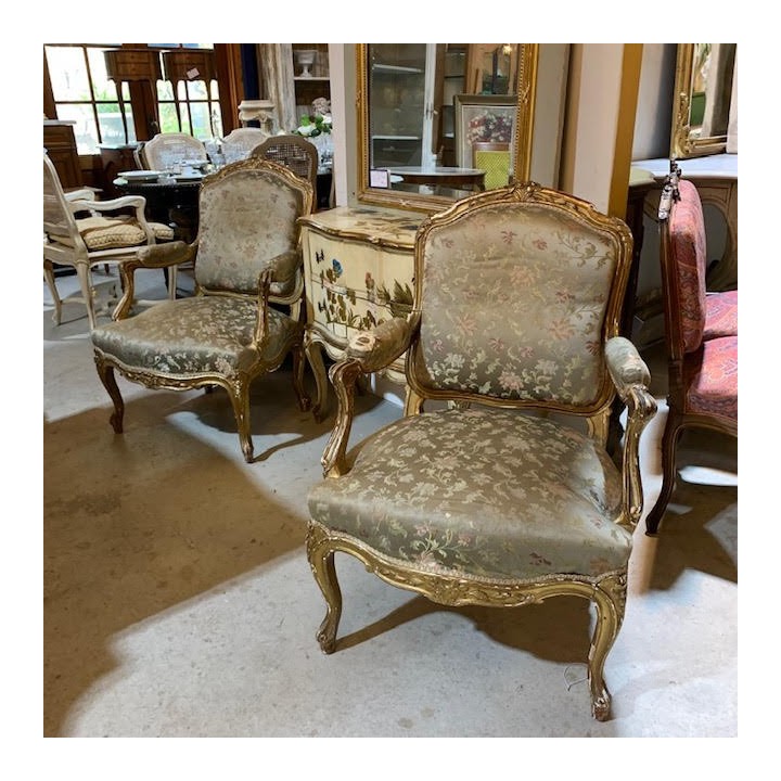 C19th French Pair of Louis XV Style Gilded Armchair original Patine