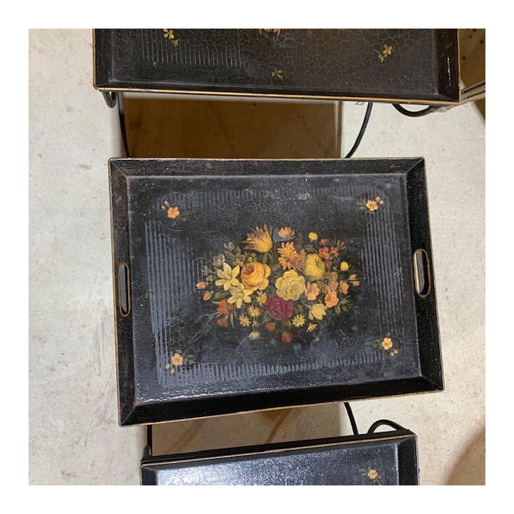 French Vintage Set of Tin Painted Nest of Tables Hand Painted Florals
