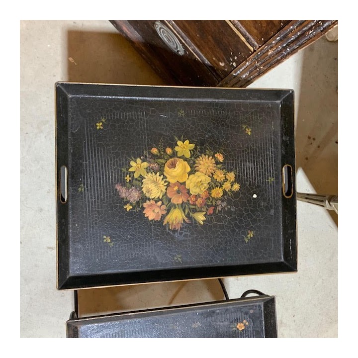 French Vintage Set of Tin Painted Nest of Tables Hand Painted Florals