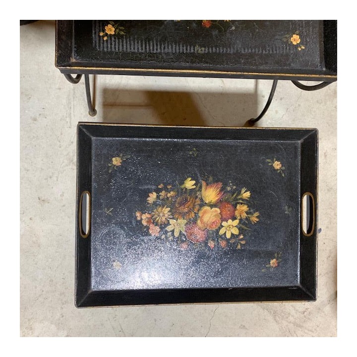 French Vintage Set of Tin Painted Nest of Tables Hand Painted Florals