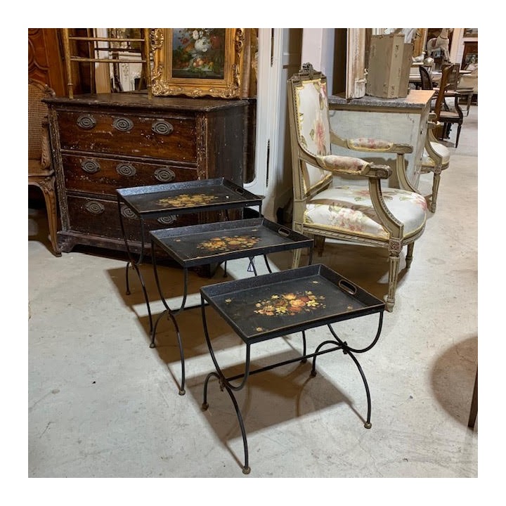 French Vintage Set of Tin Painted Nest of Tables Hand Painted Florals