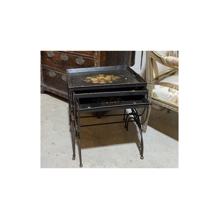 French Vintage Set of Tin Painted Nest of Tables Hand Painted Florals