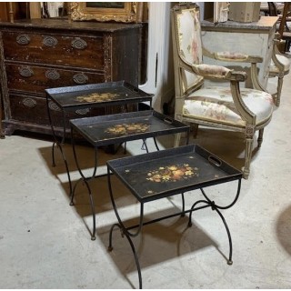 French Vintage Set of Tin Painted Nest of Tables Hand Painted Florals