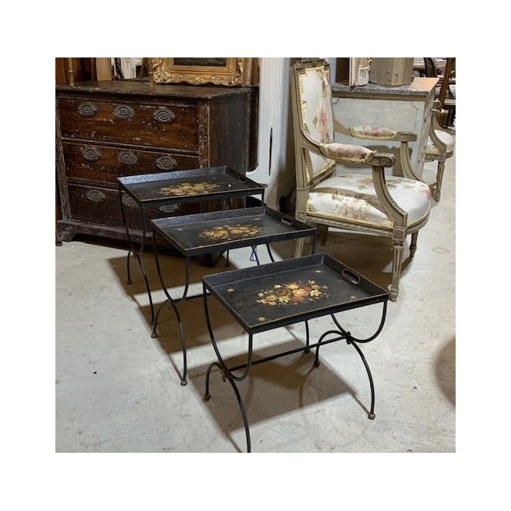 French Vintage Set of Tin Painted Nest of Tables Hand Painted Florals