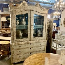 C19th Cabinet with hand scraped finish Swedish with swan spaced ogee pediment 2380 X 1470 X 460 D