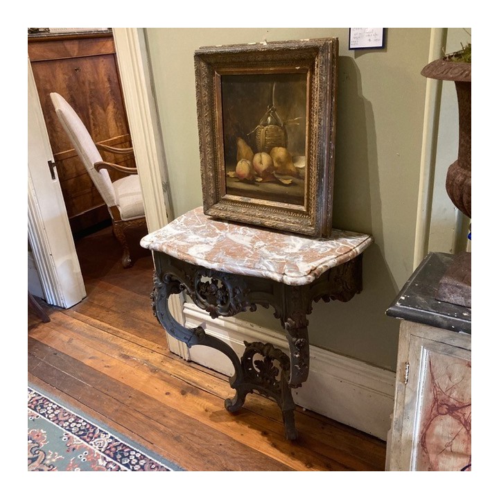 C1900 Console Louis XV Style Painted Finish Green/Grey and bronze Gold highlights