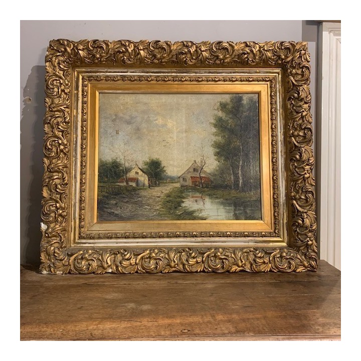 French Farmhouse Painting C19th Oil on Canvas