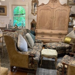 SOLD French Vintage Tapestry Sofa with Pair of Fauteuils and Ottoman