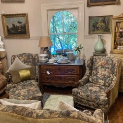 SOLD French Vintage Tapestry Sofa with Pair of Fauteuils and Ottoman