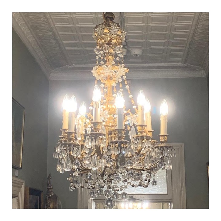 French Early C19th Chandelier Bronze and Crystal