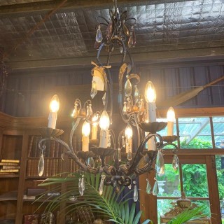 C19th French Wrought Iron and Crystal Chandelier