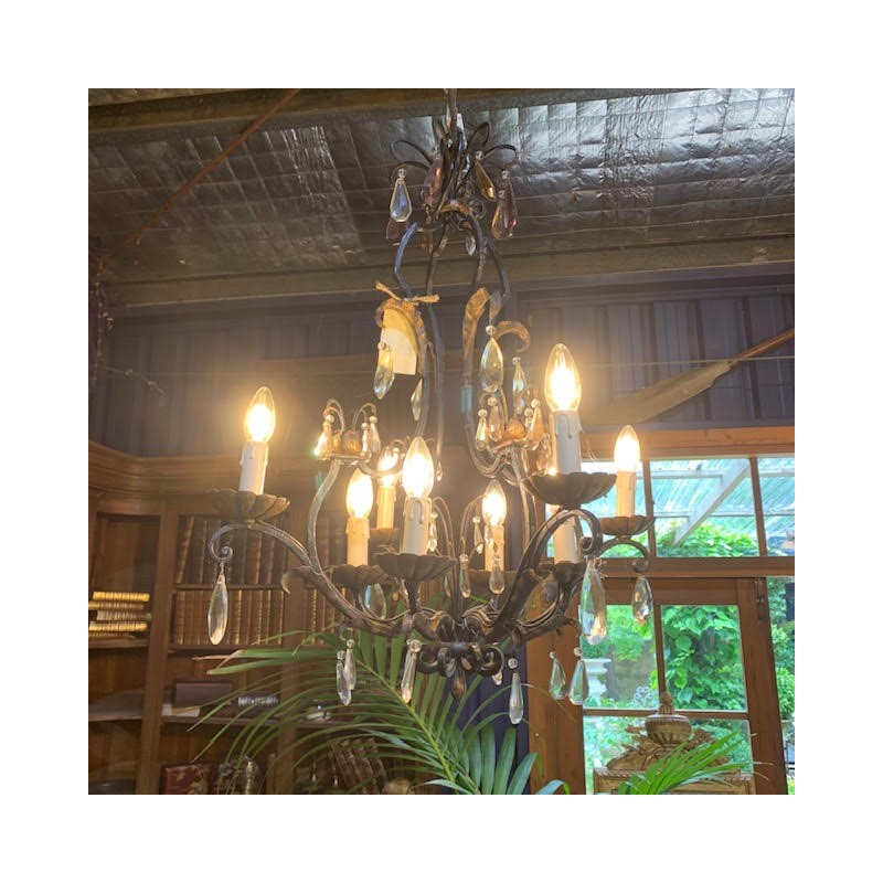 C19th French Wrought Iron and Crystal Chandelier