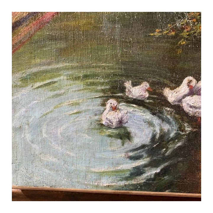 French C1900 Oil on Canvas Canard dans L'eau