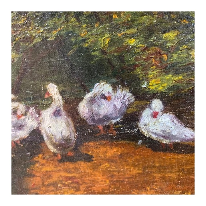 French C1900 Oil on Canvas Canard dans L'eau