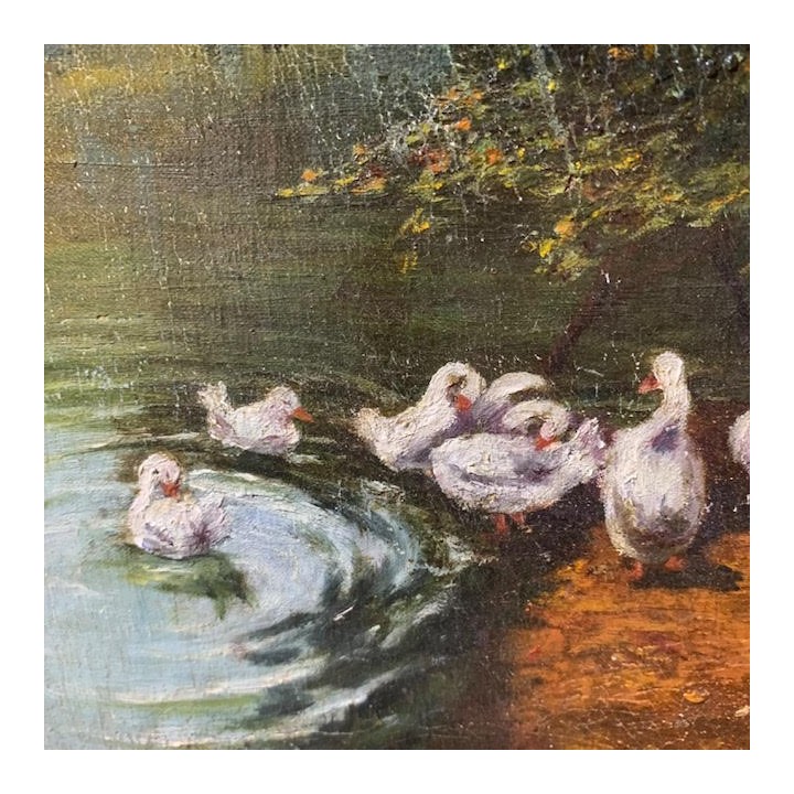 French C1900 Oil on Canvas Canard dans L'eau