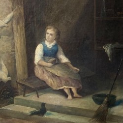 C19th Oil on Canvas Young Person  with Doves