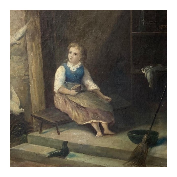 C19th Oil on Canvas Young Person  with Doves
