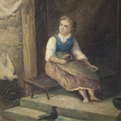 C19th Oil on Canvas Young Person  with Doves