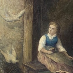 C19th Oil on Canvas Young Person  with Doves