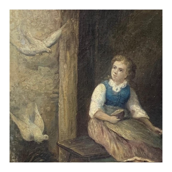 C19th Oil on Canvas Young Person  with Doves