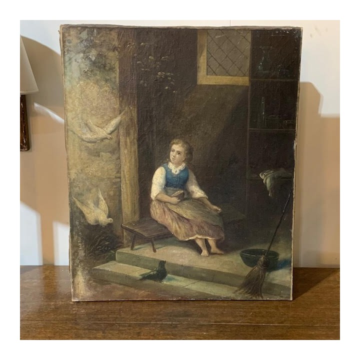 C19th Oil on Canvas Young Person  with Doves