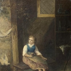 C19th Oil on Canvas Young Person  with Doves