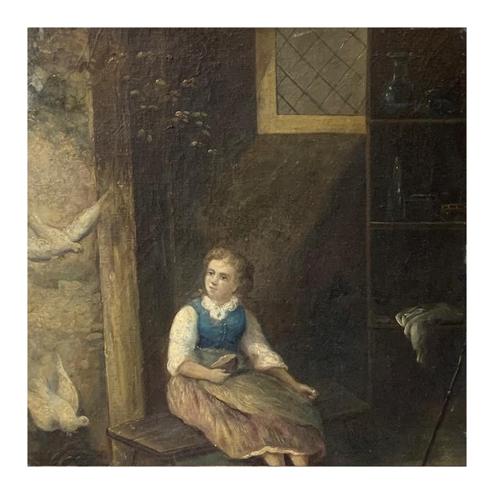 C19th Oil on Canvas Young Person  with Doves